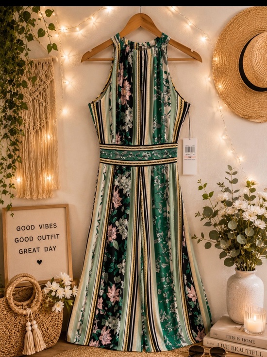 london times Fashions Dresses & Skirts - Green and white striped midi dress with floral details with tie waisted